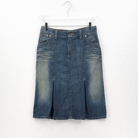 LEVIS Vintage Y2K Denim Skirt Women 28 Blue Pleated Midi Distressed USA Made - Picture 2 of 14